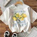 Front view of white Sorrento lemon graphic cotton T-shirt with Italian lettering