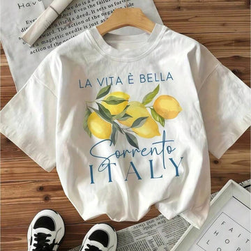Front view of white Sorrento lemon graphic cotton T-shirt with Italian lettering