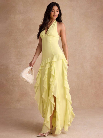 View 1 of lemon yellow halter ruffle slit maxi dress with deep V neckline, fitted bodice, tiered chiffon skirt, high front slit, and back neck tie