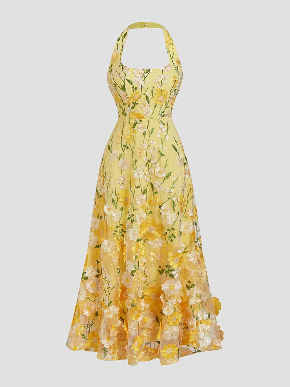 Brighten your day with this Lemon Yellow Maxi Dress! Featuring a playful mesh floral halter and a sleeveless bodycon fit that flows into an elegant A-line silhouette, it’s designed to turn heads and keep you comfy. Perfect for summer parties or a sunny stroll, this dress brings vibrant charm and effortless style to your wardrobe.