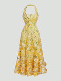 Brighten your day with this Lemon Yellow Maxi Dress! Featuring a playful mesh floral halter and a sleeveless bodycon fit that flows into an elegant A-line silhouette, it’s designed to turn heads and keep you comfy. Perfect for summer parties or a sunny stroll, this dress brings vibrant charm and effortless style to your wardrobe.