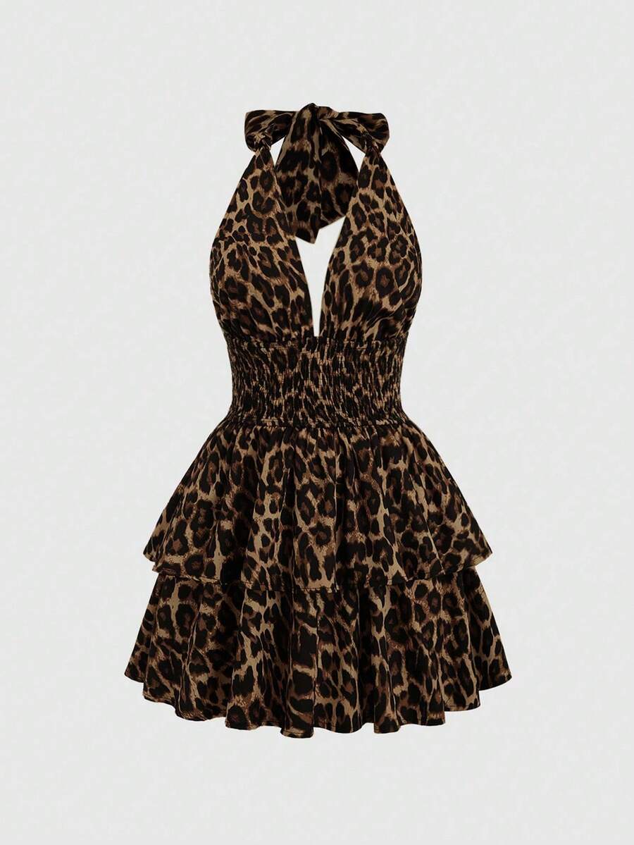 Front view of brown leopard-print halter mini dress with keyhole neckline and tiered ruffles