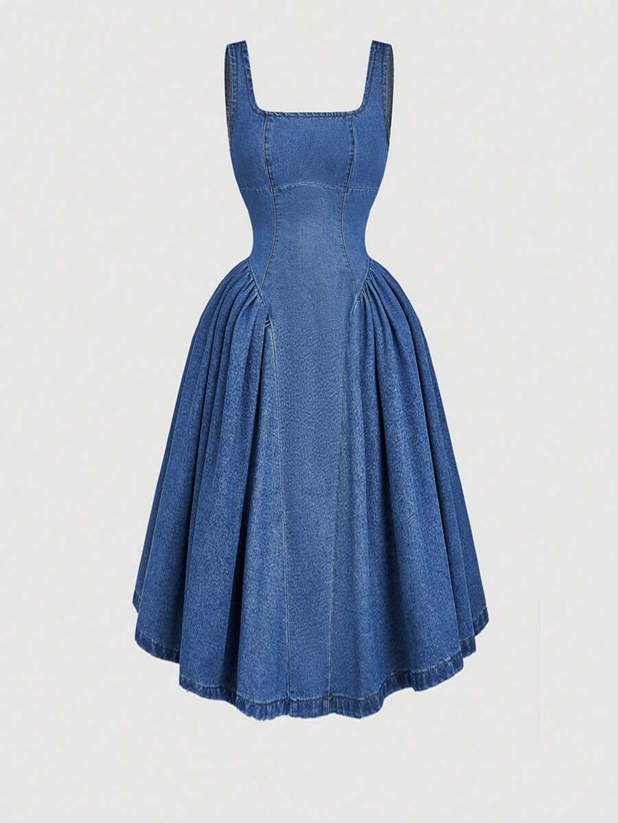 Effortless style meets timeless appeal with this light blue denim dress. The sleeveless silhouette and square neckline create a modern, flattering look, while the cinched waist defines your figure beautifully. Perfect for autumn and winter gatherings, this casual dress transitions seamlessly from day to night. Pair it with boots, sneakers, or heels to match your mood. Crafted from quality denim, it's a versatile wardrobe essential that works for parties, brunches, or casual outings.