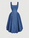 Effortless style meets timeless appeal with this light blue denim dress. The sleeveless silhouette and square neckline create a modern, flattering look, while the cinched waist defines your figure beautifully. Perfect for autumn and winter gatherings, this casual dress transitions seamlessly from day to night. Pair it with boots, sneakers, or heels to match your mood. Crafted from quality denim, it's a versatile wardrobe essential that works for parties, brunches, or casual outings.