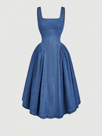 Effortless style meets timeless appeal with this light blue denim dress. The sleeveless silhouette and square neckline create a modern, flattering look, while the cinched waist defines your figure beautifully. Perfect for autumn and winter gatherings, this casual dress transitions seamlessly from day to night. Pair it with boots, sneakers, or heels to match your mood. Crafted from quality denim, it's a versatile wardrobe essential that works for parties, brunches, or casual outings.