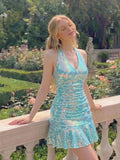 Light Blue Halter Neck Backless Sequin Mini Dress with Ruffle Hem for Parties and Graduations 