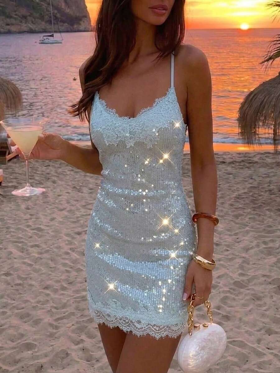Baby blue sequin lace cami mini dress front view with V neckline