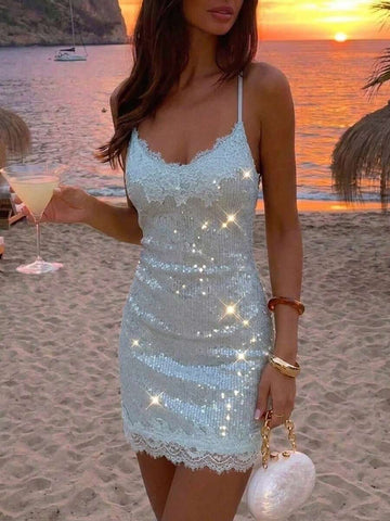 Baby blue sequin lace cami mini dress front view with V neckline