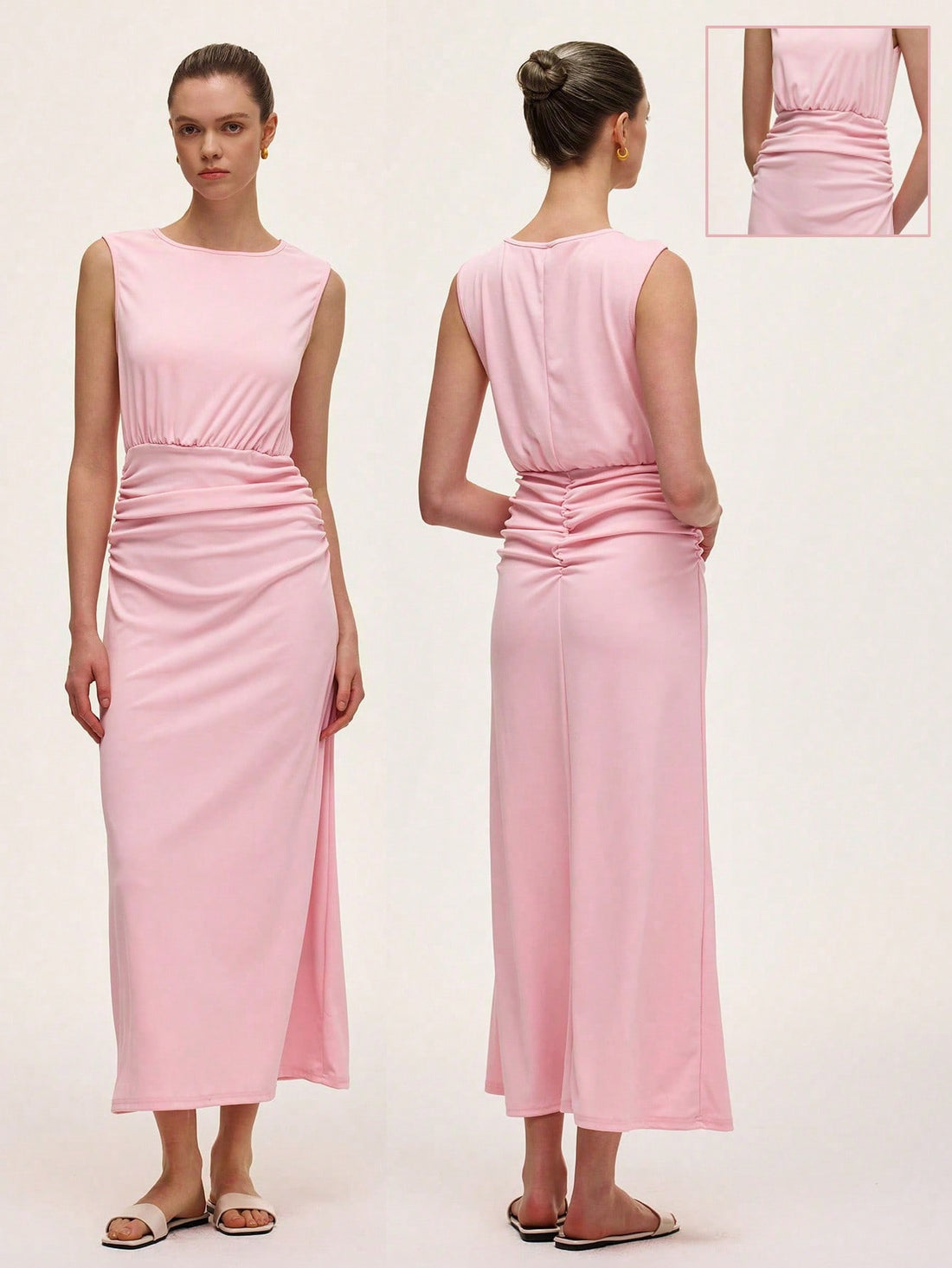 This light pink sleeveless dress features a flattering ruched waist that hugs your curves just right. The stylish round neck adds a chic touch, making it perfect for sunny days or casual outings. Easy to wear and effortlessly cute, it’s your new go-to for playful, feminine style.