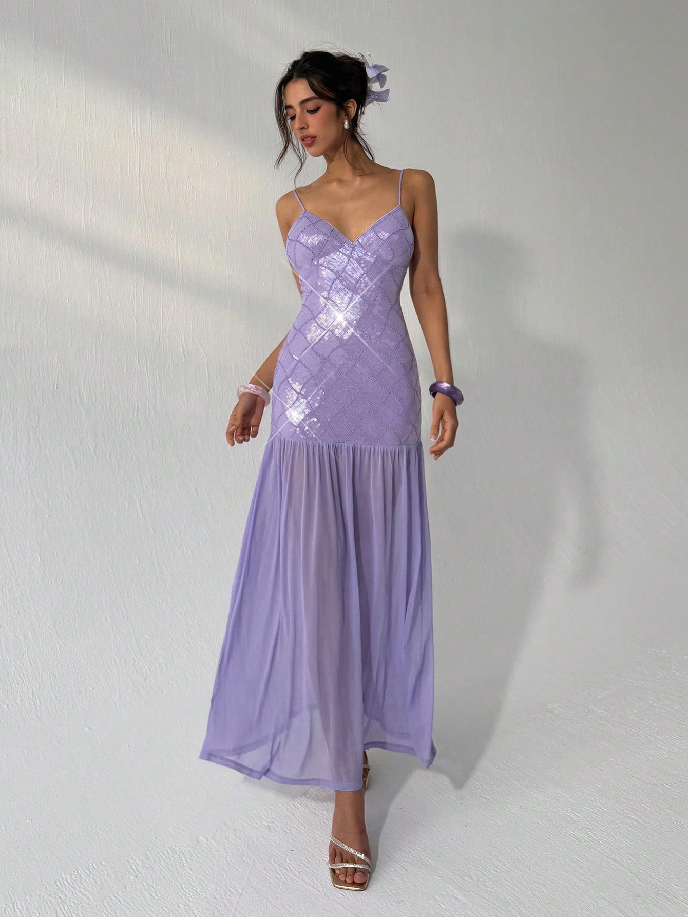 fairy slip dress Light Purple Sequin Flowing Chiffon Maxi Dress Color:NAT  WHT Made with love in womens 1950s vintage polka