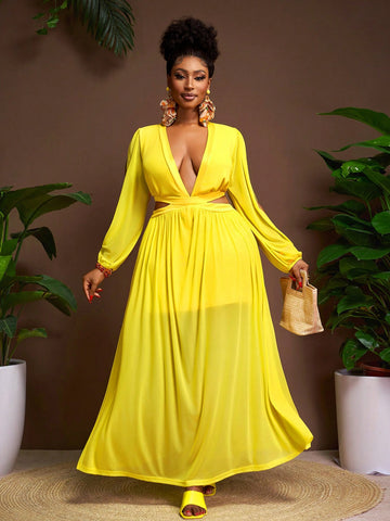 Step into sunny days and playful vibes with this Light Yellow Sheer Lace Maxi Dress. Featuring a high split for a flirty touch and a hollow-out waist that adds a breezy, chic twist, it’s perfect for vacations or making a statement on your back-to-school adventures. Designed to flatter plus-size figures, this dress combines comfort and style effortlessly—get ready to turn heads wherever you go!