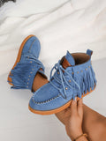 Step into fun and flair with these Lightweight Blue Fringe Ankle Boots! Designed for everyday adventures, their comfy lace-up style keeps your feet happy while the playful blue fringe adds a splash of personality. Perfect for any season, these flats easily match your casual looks and keep you light on your feet from spring strolls to autumn outings. Add a dash of whimsy to your wardrobe with boots that blend style and ease effortlessly!