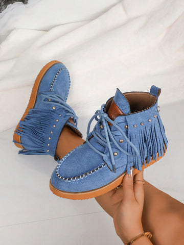 Step into fun and flair with these Lightweight Blue Fringe Ankle Boots! Designed for everyday adventures, their comfy lace-up style keeps your feet happy while the playful blue fringe adds a splash of personality. Perfect for any season, these flats easily match your casual looks and keep you light on your feet from spring strolls to autumn outings. Add a dash of whimsy to your wardrobe with boots that blend style and ease effortlessly!