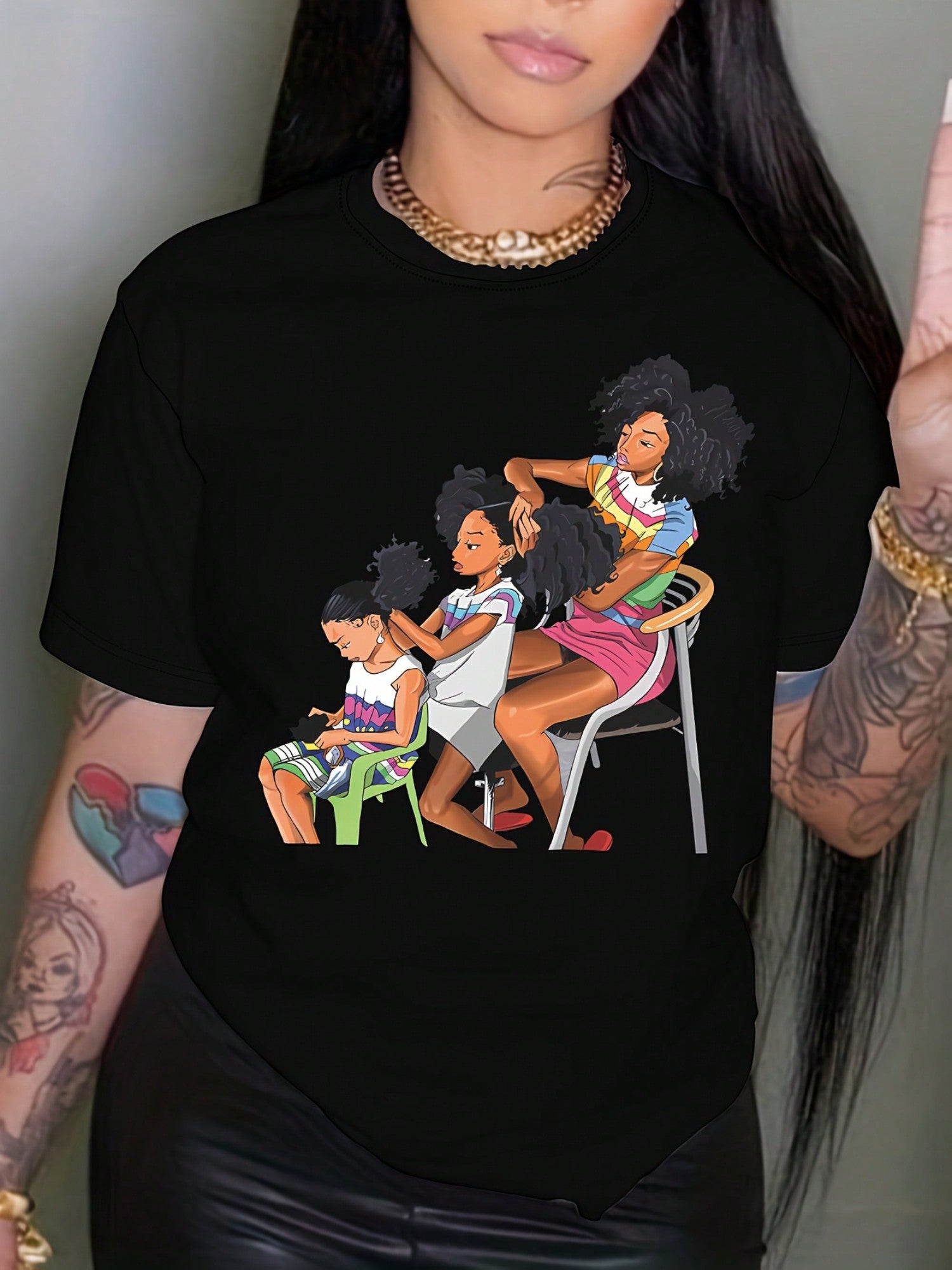 This lightweight women's t-shirt features a fun figure print and a comfy crew neck, perfect for adding a splash of style to your spring and summer wardrobe. Its breathable fabric keeps you cool while you enjoy sunny days, making it an easy choice for casual outings or relaxed weekends. Playful and chic, it’s your new go-to for effortless, warm-weather fashion.