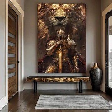 Square framed canvas wall art of a golden lion above an armored warrior with sword, staged over an entryway bench