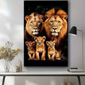 Front view of framed lion family canvas wall art with two adult lions and three cubs above a console
