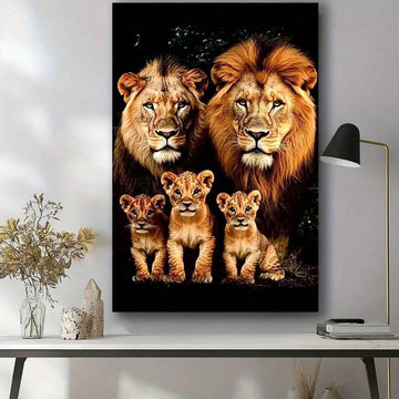 Front view of framed lion family canvas wall art with two adult lions and three cubs above a console