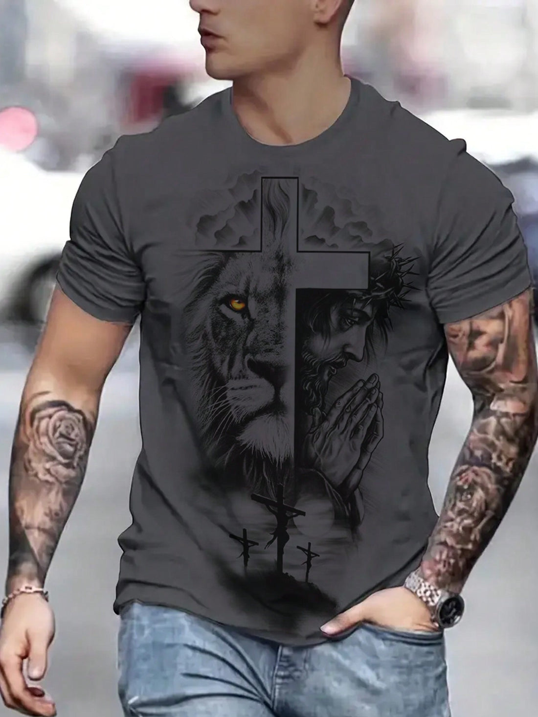 Introducing the Lion King of Summer: Men's Casual T-Shirt with Cross Print. Made with high quality fabric and featuring a unique cross print design, this t-shirt is perfect for any casual occasion. Embrace your inner king and show off your style with this must-have summer essential.