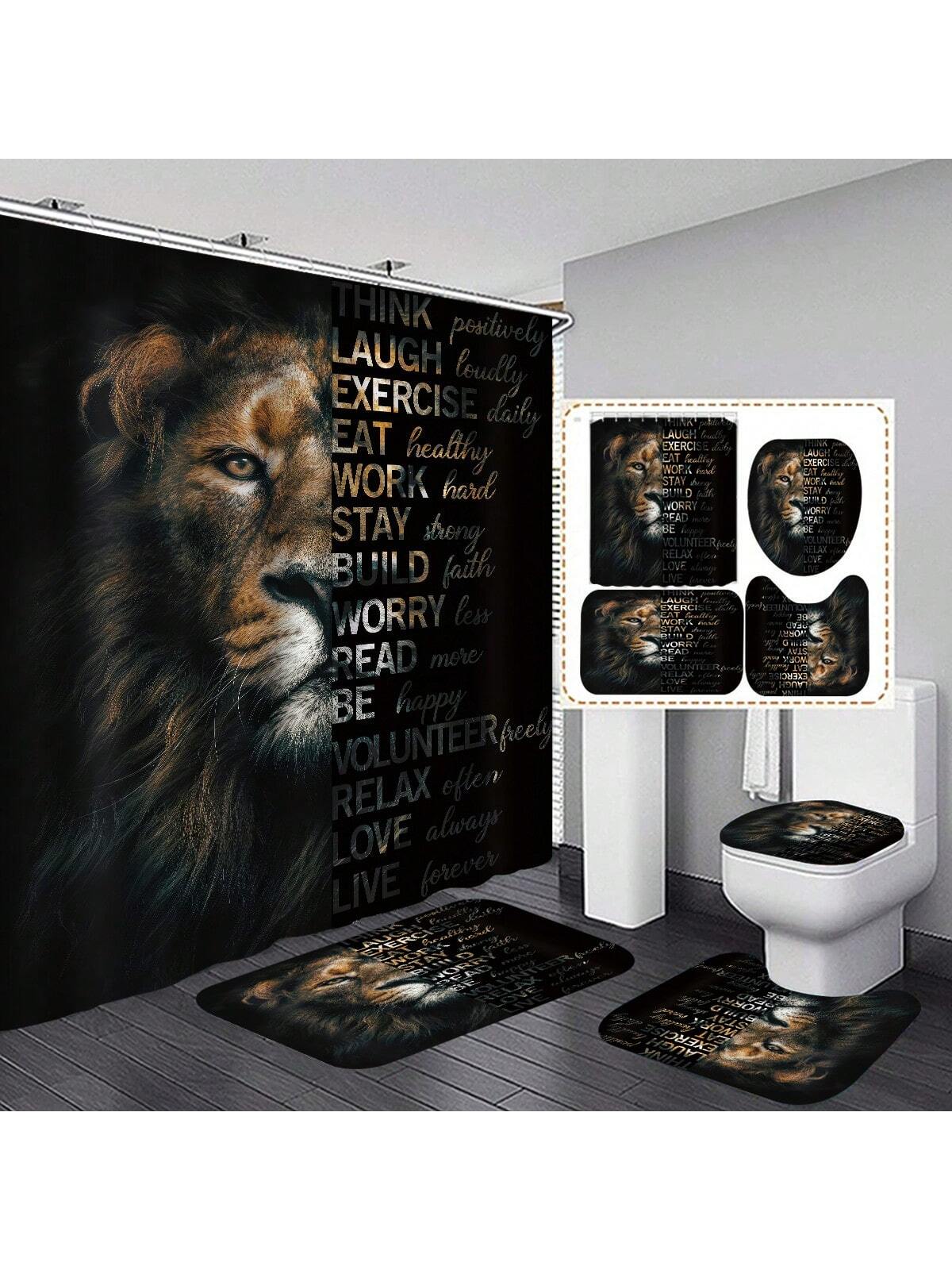 Elevate your bathroom decor with our Lion Letter Pattern Bathroom Set. Made from durable black polyester, this set includes a shower curtain, rug, mat, and lid pad. The lion letter pattern adds a touch of sophistication while protecting your bathroom floors. Upgrade your bathroom with these stylish and functional accessories.