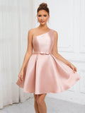 Elevate your wardrobe with this Lotus Pink Satin One-Shoulder A-Line dress. The luxurious fabric and elegant design exude sophistication and charm. Perfect for any occasion, this dress will make you feel confident and poised. Add a touch of elegance to your life with this must-have piece.