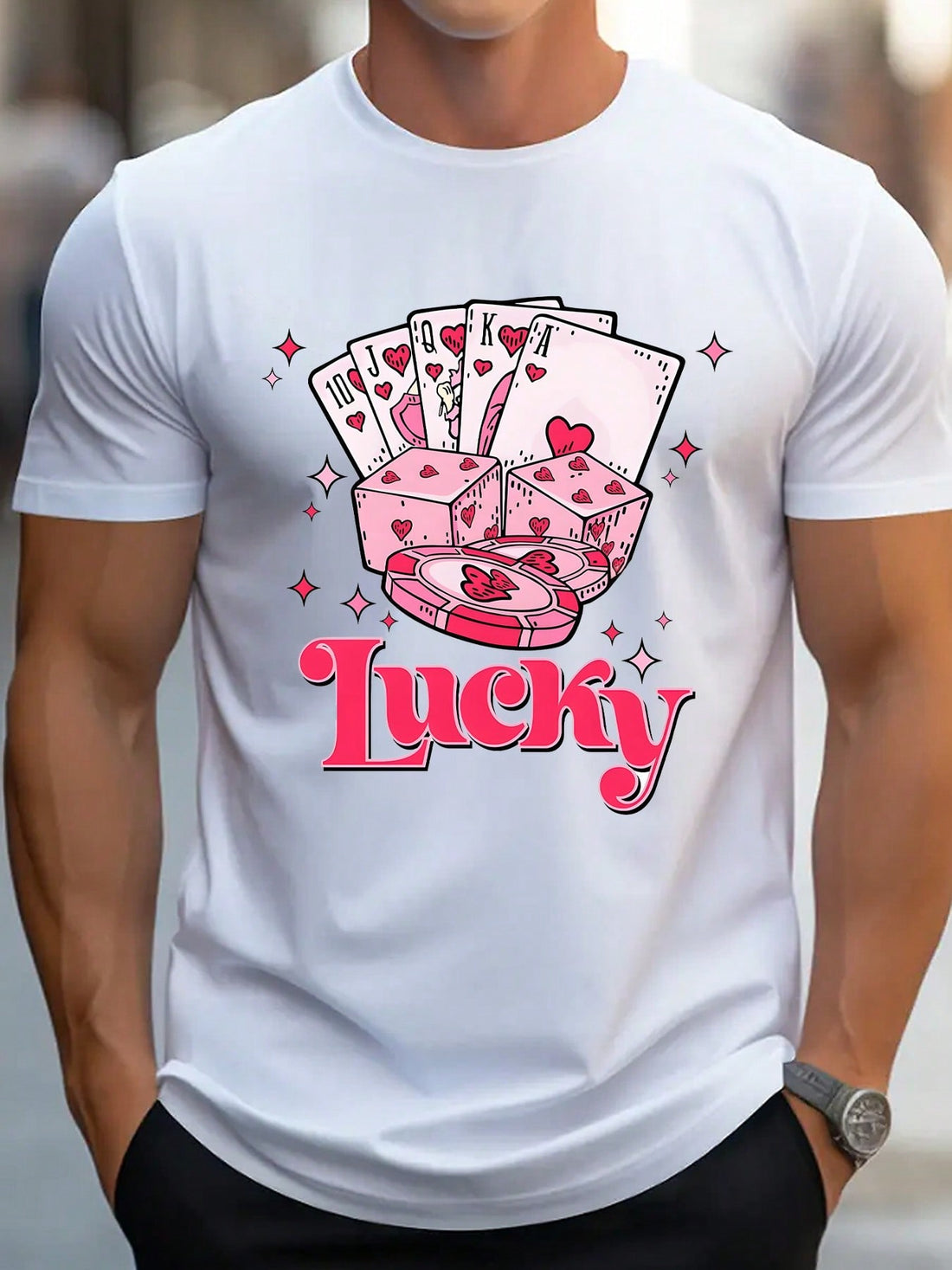 Feeling lucky? Show off your winning style with our Luck Meets Style t-shirt! Perfect for all seasons, this casual tee features a fun poker-themed print. Get ready to up your fashion game with this quirky and playful addition to your wardrobe. (You'll be the Ace of Style, guaranteed!)