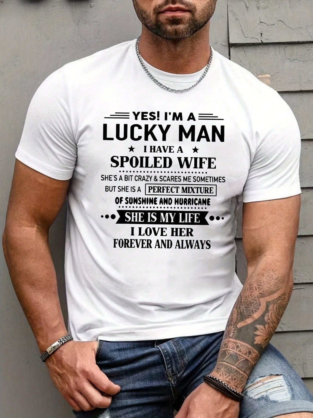 Introducing the Lucky Man Spoiled Wife Men's Graphic Tee - the perfect addition to your wardrobe for all seasons! With a playful design and comfortable fit, this tee will make you the envy of your friends. Don't forget to spoil your significant other while wearing it!