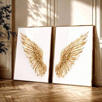 Gold angel wings canvas wall art matching two panel set