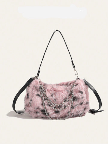 Introducing our Luxury Leopard Fluffy Shoulder Bag, perfect for the fashion-forward individual. Made with exquisite detailing, this elegant and lightweight handbag features a soft, leopard print exterior and sturdy metal chains for a touch of glamour. Experience luxury and convenience in one.