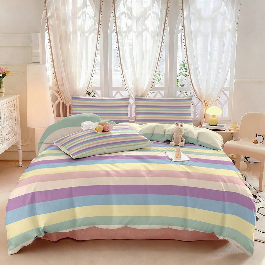 Bring vibrant color to your bedroom with this Macaron Rainbow Striped Duvet Cover Set. This soft, breathable 3-piece bedding collection features eye-catching rainbow stripes perfect for adding personality to any space. Crafted from 100% polyester, the set is skin-friendly and hypoallergenic, making it ideal for sensitive skin. The durable fabric is easy to care for—simply machine wash or hand wash as needed. Its versatile design works beautifully year-round, whether you're refreshing your everyday 