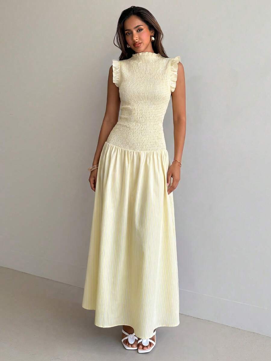 Pale yellow mandarin collar smocked striped maxi dress front view