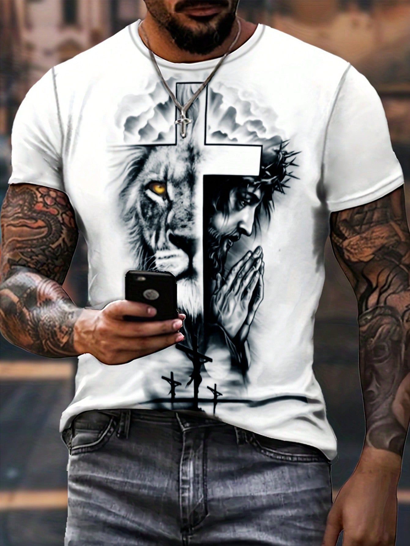 This tee will give you the roar of confidence with its casual lion cross graphic and summer style short sleeves. Unleash your wild side and make a statement with this playful and comfortable t-shirt. Perfect for any casual occasion, this shirt is the mane attraction. (Sorry, we couldn't resist the pun!)
