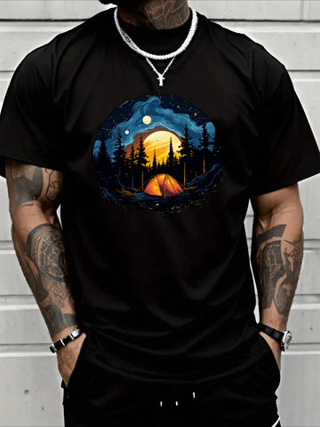 Add a pop of color to your wardrobe with this Men's Casual Round Neck Tee. Made from 100% heavy cotton, this tee features a unique watercolor design of a mountain campfire and lake. Perfect for a casual day out or lounging at the lake. (Get cozy in style!)