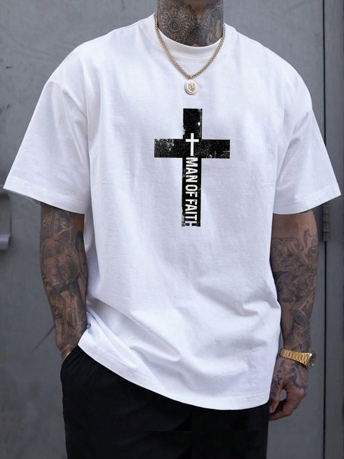 Elevate your style with this bold Men's Cross Letter Graphic Tee. Perfect for both work and casual outings, this tee adds a touch of personality to any outfit. The short sleeves keep you cool and comfortable, while the stylish cross letter graphic makes a statement. Make a statement with this must-have tee!
