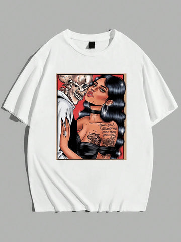 Stay cool and stylish with our Men's Dark Cotton Graphic Tee featuring a bold skull figure design. Made from high quality cotton, it offers comfort and durability. Perfect for any casual occasion, this tee will add an edgy touch to your wardrobe.