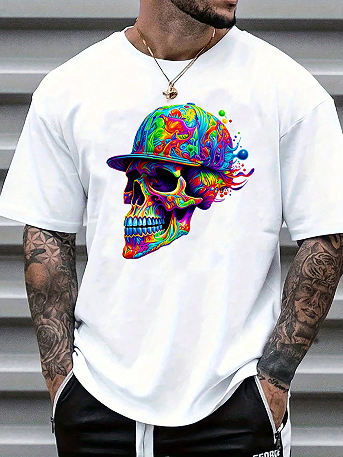 Stay cool and stylish this summer with our Men's Edgy Skull Print Crew Neck Tee. Made with high-quality materials, this tee offers both comfort and edgy style. The crew neck design and breathable fabric will keep you cool during hot days. Elevate your wardrobe with this must-have tee.