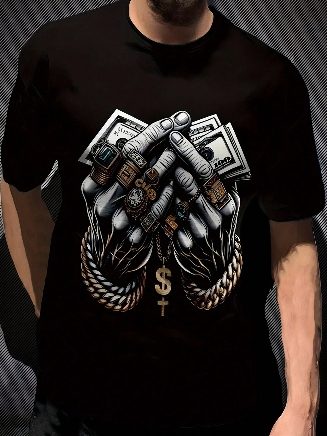 Add some humor to your wardrobe with our Men's Fashionable Dollar Print Crew Neck T-Shirt! This quirky and playful t-shirt features a fun dollar print, perfect for showing off your sense of style and sense of humor. Made with a comfortable crew neck and short sleeves, this t-shirt is not only fashionable but also incredibly comfortable to wear. Complete your casual look with this unique t-shirt today!