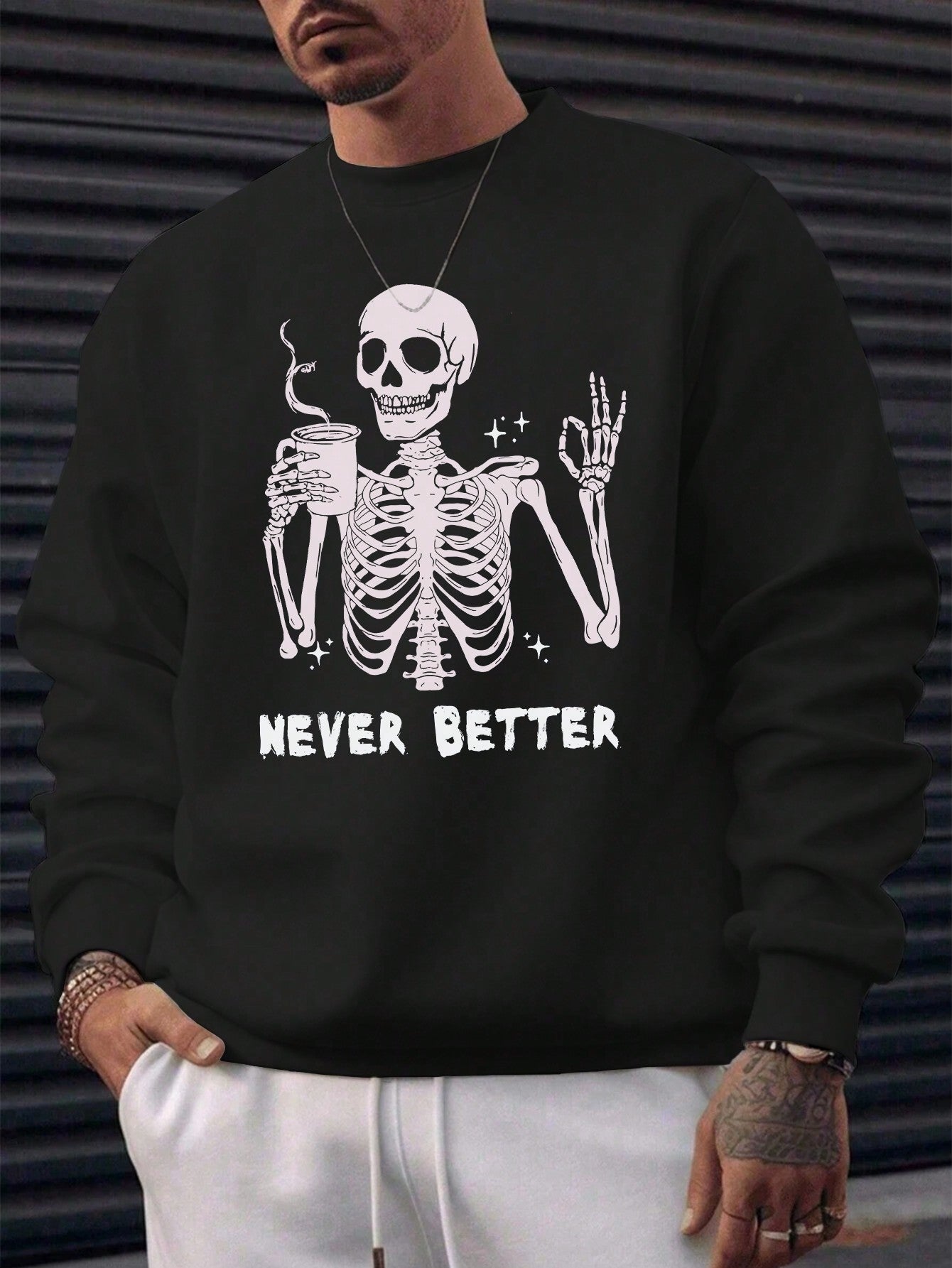 This men's Halloween sweatshirt features a bold and stylish skull print, perfect for adding a touch of spooky fun to your fall wardrobe. Made from soft and comfortable fabric, it's the ideal choice for a casual yet cool look. Get ready to impress with this must-have piece for the season.