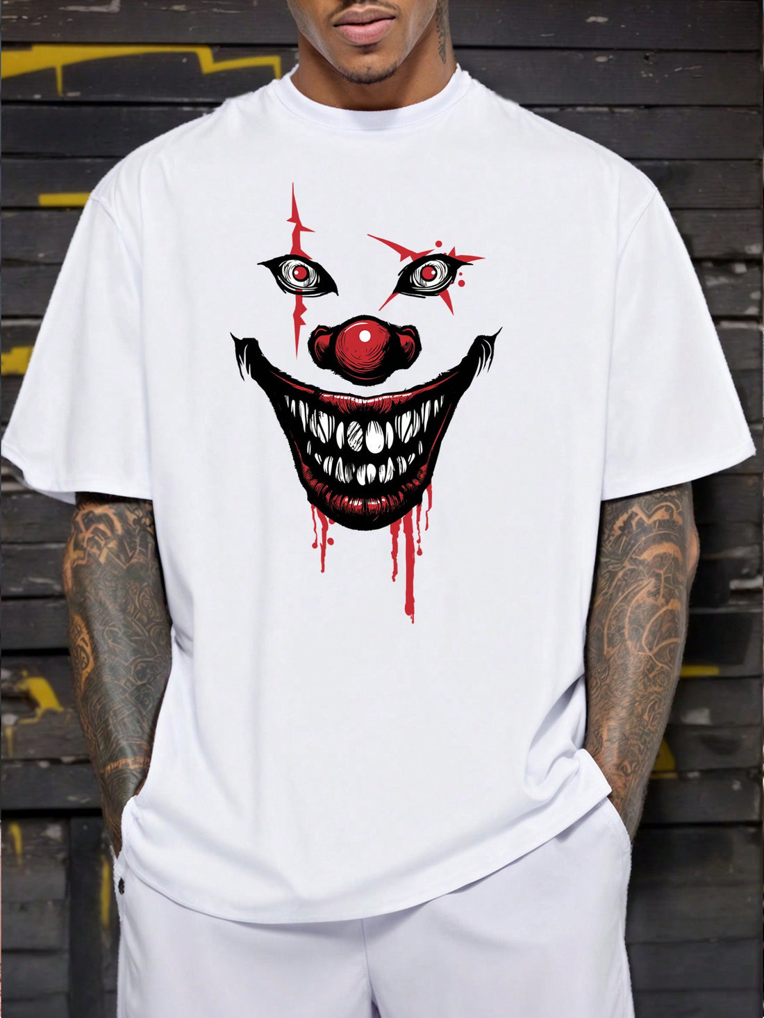 This men's Halloween t-shirt features a striking Joker print and a classic round neck design. With short sleeves, it offers a comfortable and stylish option for the holiday. Made with quality materials, it's perfect for any Halloween party or event.