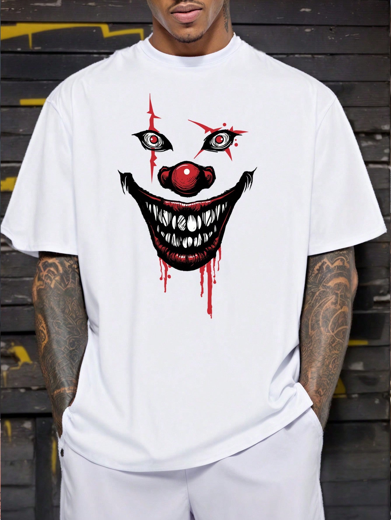 This men's Halloween t-shirt features a striking Joker print and a classic round neck design. With short sleeves, it offers a comfortable and stylish option for the holiday. Made with quality materials, it's perfect for any Halloween party or event.