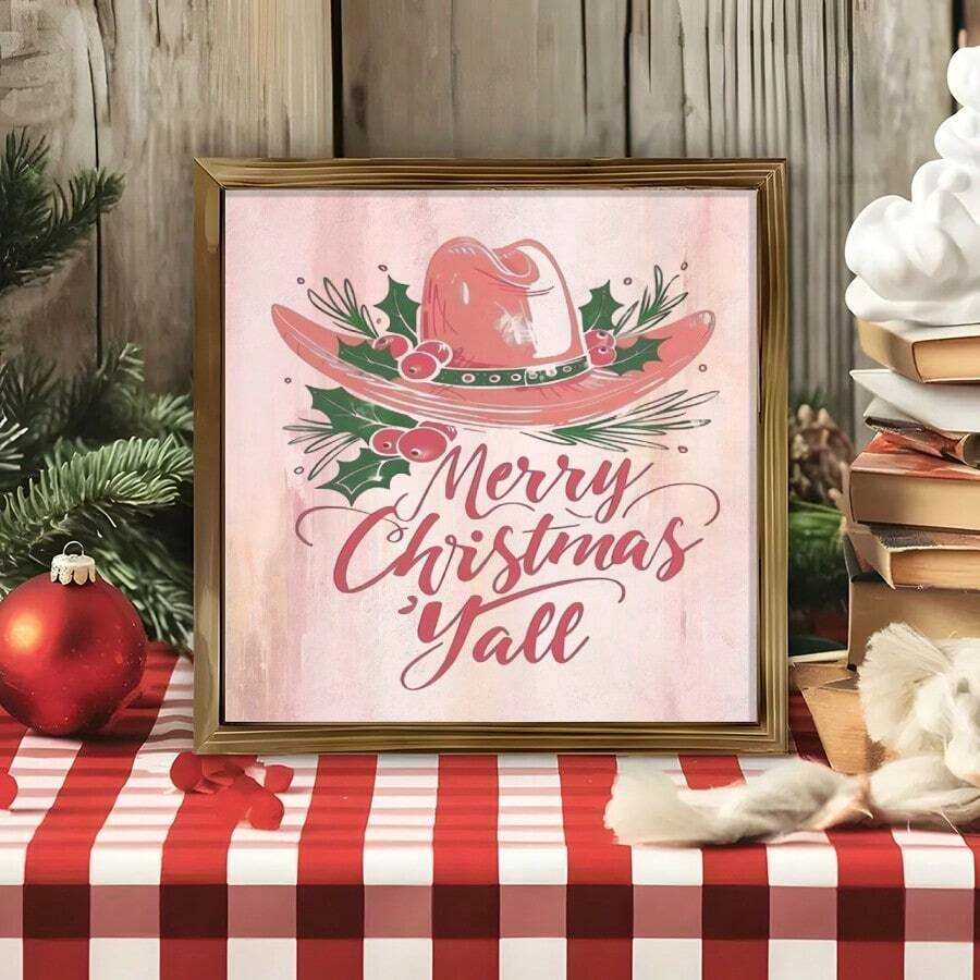Merry Christmas Yall pink wall art with cowboy hat and holly
