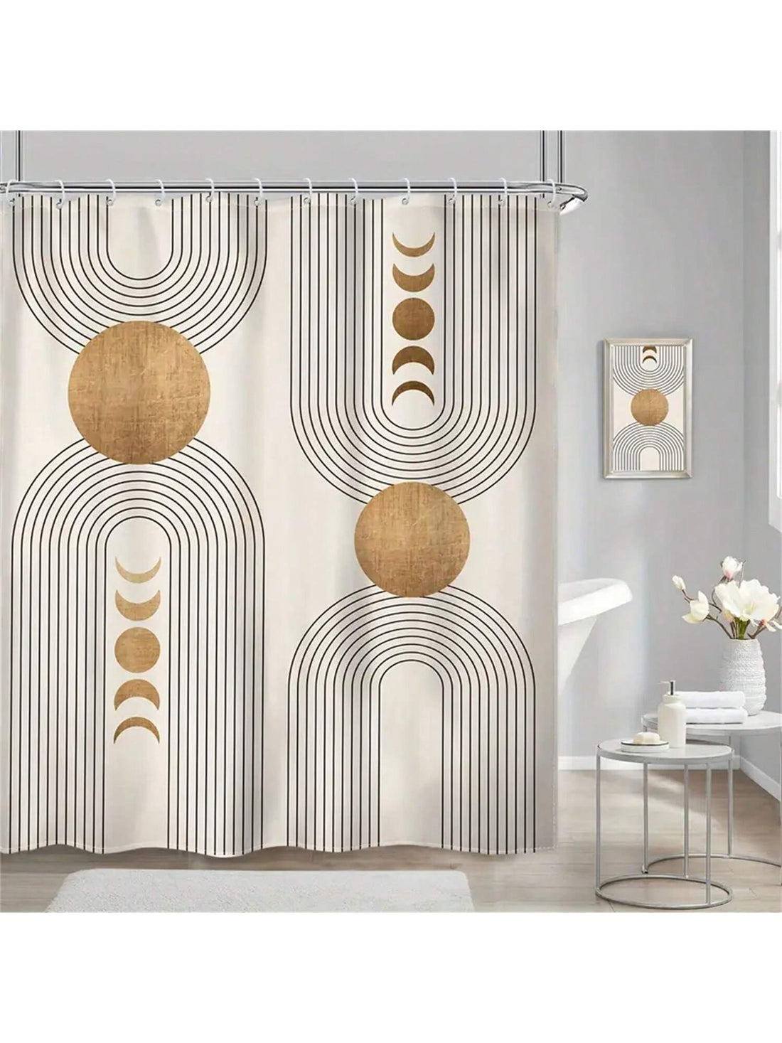 Transform your bathroom into a funky and bohemian paradise with our Mid-Century Boho Abstract Shower Curtain! Featuring a playful design of sun and moon phases with geometric lines, this curtain adds a touch of artistic flair to your daily routine. Embrace the quirky and unique with this one-of-a-kind shower curtain.