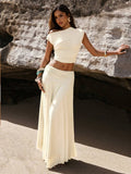 Back view of Minimalist Asymmetric Collar Cropped Top and Skirt Set for Women - Chic Solid Color Ensemble for women co-ord styling