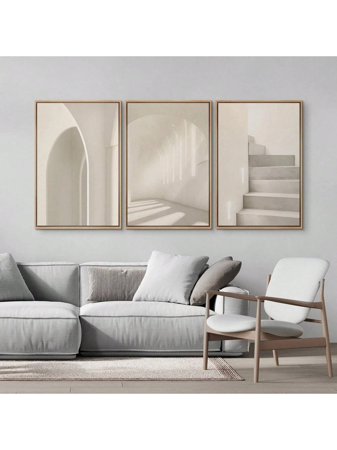 Bring a touch of chic simplicity to your space with this set of three unframed beige architecture prints. Each geometric canvas captures modern design in a fresh, playful way—perfect for brightening up any room with subtle style and personality. Easy to mix, match, and rearrange, these prints let your walls do the talking without saying too much!