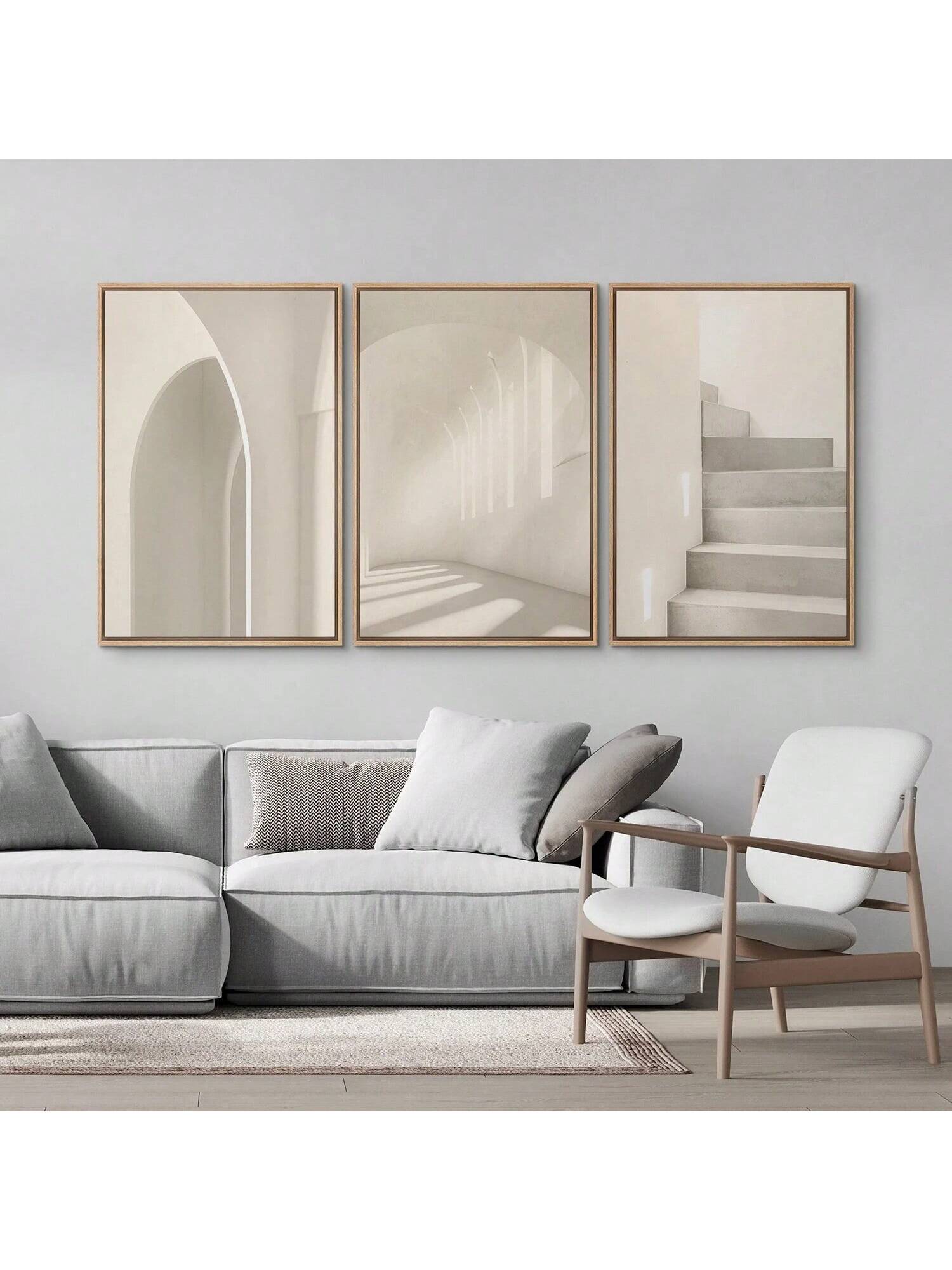 Bring a touch of chic simplicity to your space with this set of three unframed beige architecture prints. Each geometric canvas captures modern design in a fresh, playful way—perfect for brightening up any room with subtle style and personality. Easy to mix, match, and rearrange, these prints let your walls do the talking without saying too much!