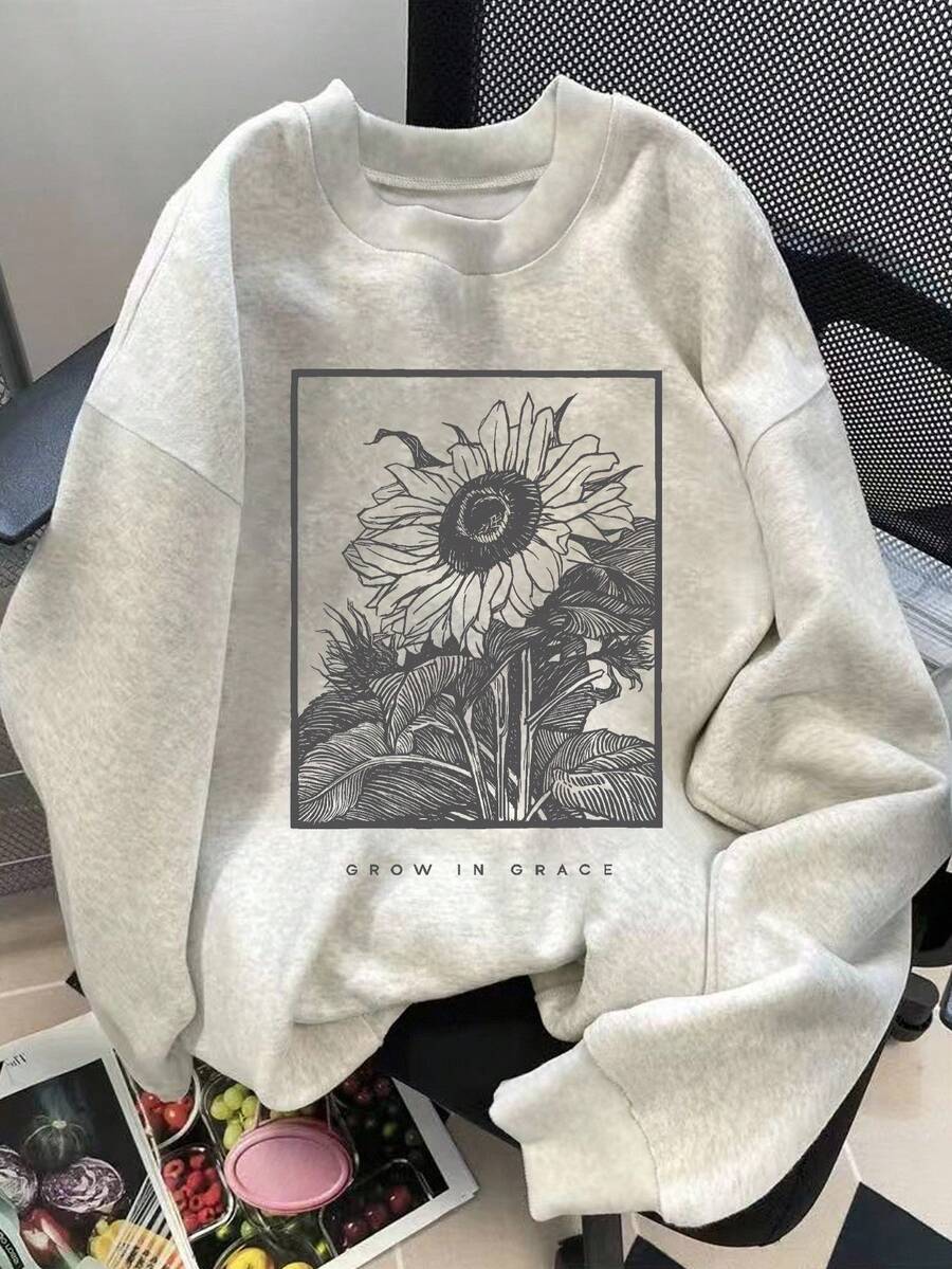 Front view of light heather-gray Grow in Grace sunflower graphic crewneck sweatshirt