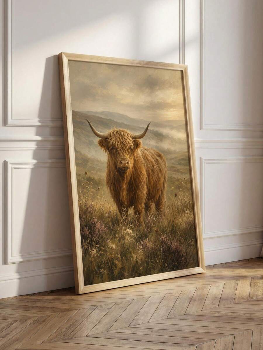 Highland cow wall art with shaggy brown fur and long horns