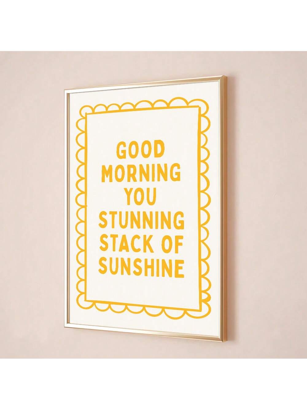 Wake up to positivity with this cheerful minimalist wall art poster featuring stacked typography that celebrates morning moments and sunshine vibes. The clean yellow design brings warmth and optimism to any room, perfect for bedrooms, home offices, or creative spaces seeking an aesthetic boost. Simple yet impactful, this piece transforms blank walls into daily reminders to embrace good energy and start each day with a smile.