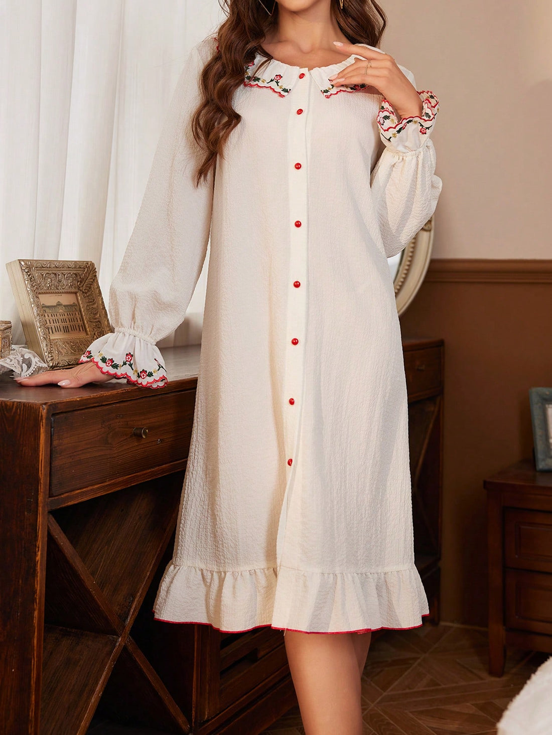 This Mint Green Lace Sleeves: Women's Embroidered Pajama Night Dress is a must-have for any sleepwear collection. The delicate lace sleeves add a touch of elegance, while the embroidered details offer a feminine and sophisticated look. Made with high-quality materials, this night dress provides comfort and style for a peaceful night's sleep.