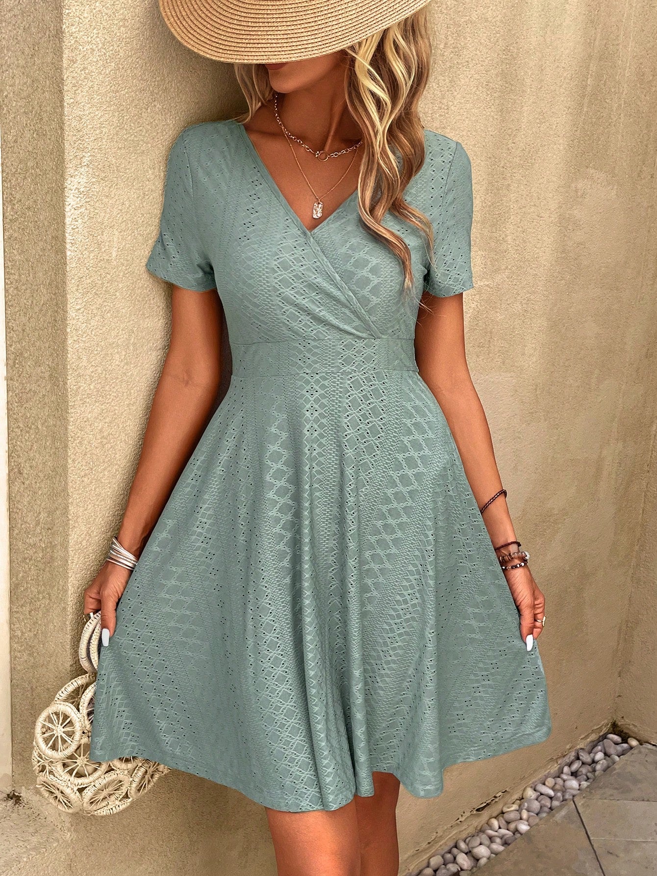 Introducing the perfect spring style: the Mint Green Surplice Neck A-Line Dress. Featuring a beautiful mint green color and a flattering surplice neckline, this dress is both stylish and comfortable. Step into spring with confidence and style in this must-have dress.