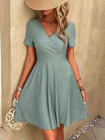 Introducing the perfect spring style: the Mint Green Surplice Neck A-Line Dress. Featuring a beautiful mint green color and a flattering surplice neckline, this dress is both stylish and comfortable. Step into spring with confidence and style in this must-have dress.
